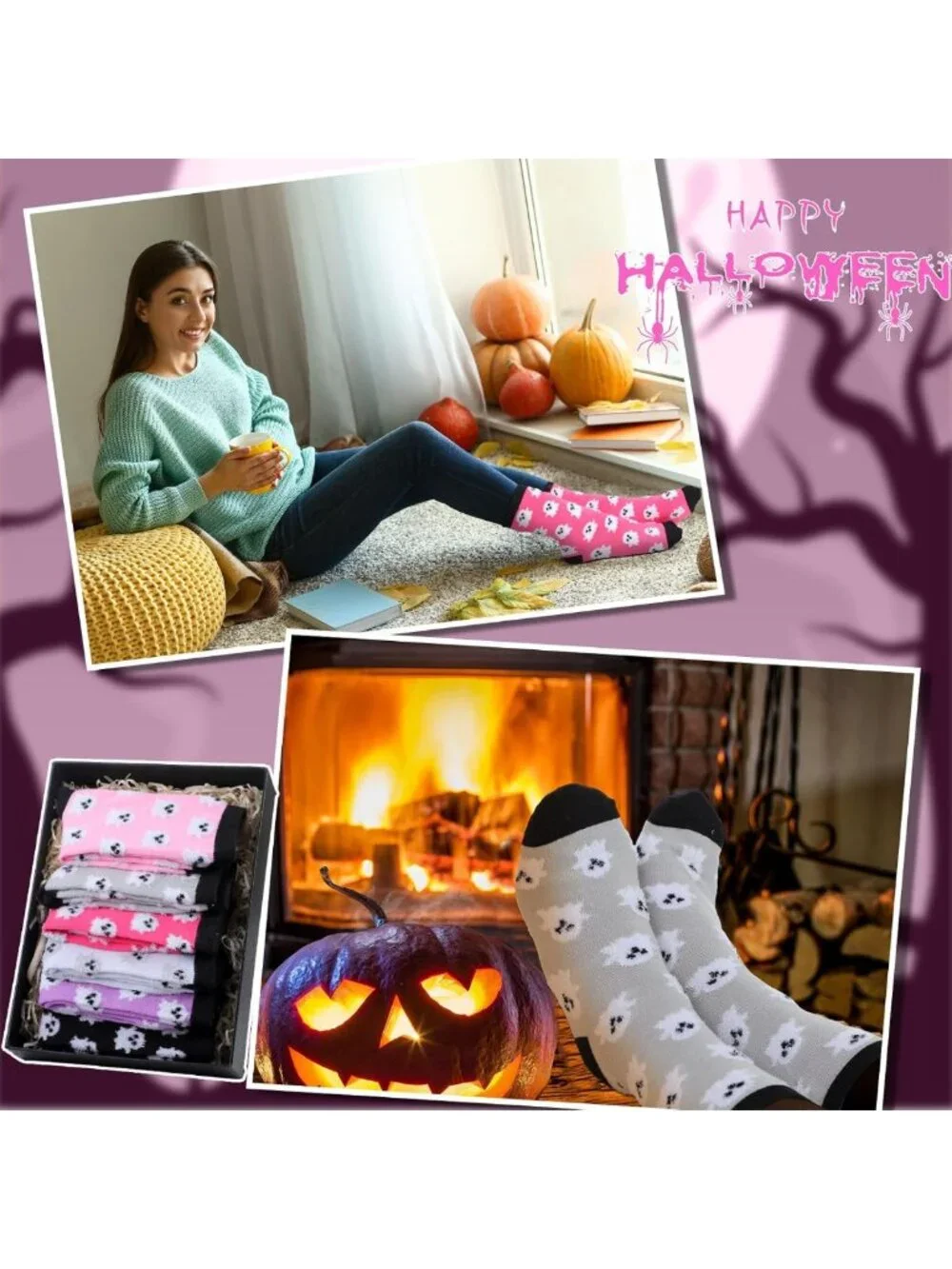 Cute Ghost Halloween Socks for Women - 6 Pairs Fuzzy Cotton Crew, Spooky Fun